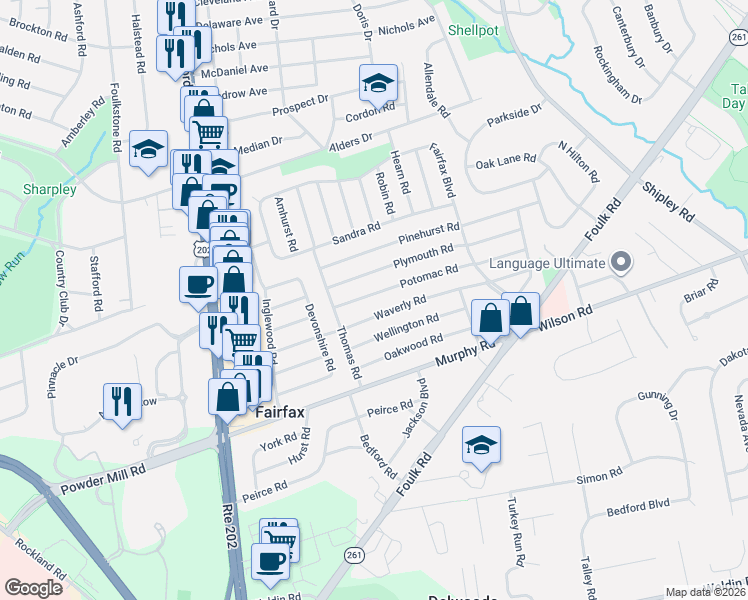 map of restaurants, bars, coffee shops, grocery stores, and more near 213 Potomac Road in Wilmington