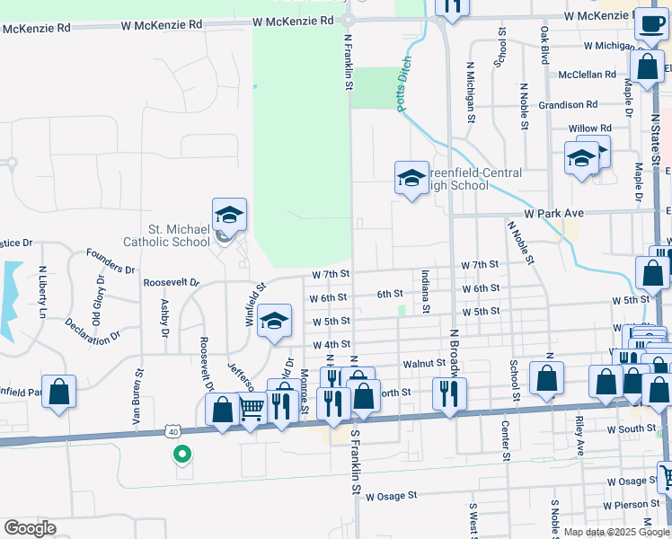 map of restaurants, bars, coffee shops, grocery stores, and more near 1022 West 7th Street in Greenfield