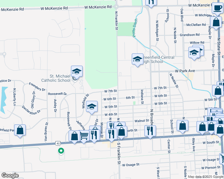 map of restaurants, bars, coffee shops, grocery stores, and more near 1022 West 7th Street in Greenfield