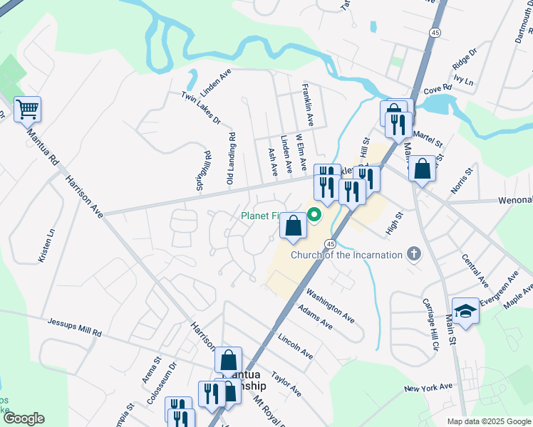 map of restaurants, bars, coffee shops, grocery stores, and more near 1077 Tristram Circle in Mantua Township
