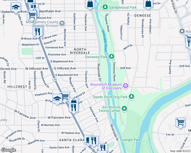 map of restaurants, bars, coffee shops, grocery stores, and more near 239 East Beechwood Avenue in Dayton