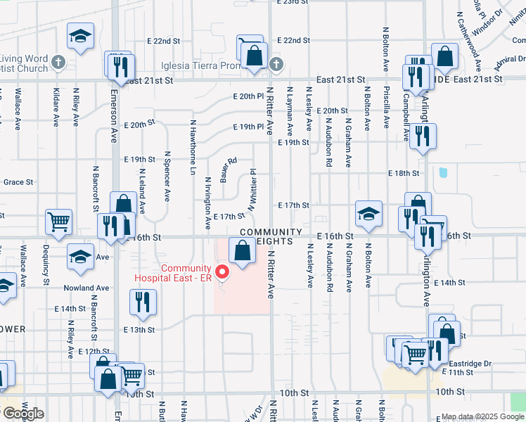 map of restaurants, bars, coffee shops, grocery stores, and more near 1725 North Whittier Place in Indianapolis