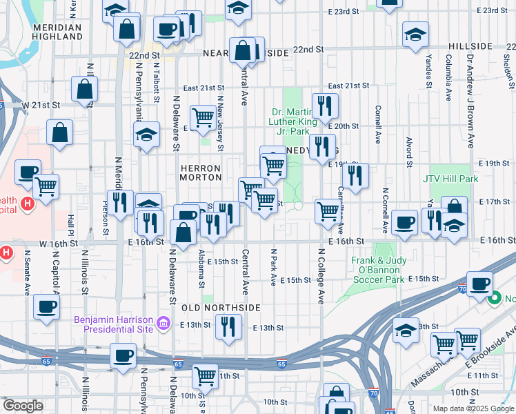map of restaurants, bars, coffee shops, grocery stores, and more near 546 East 17th Street in Indianapolis