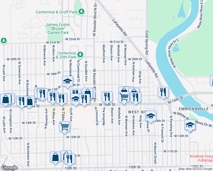 map of restaurants, bars, coffee shops, grocery stores, and more near 1811 Medford Avenue in Indianapolis