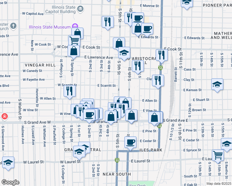 map of restaurants, bars, coffee shops, grocery stores, and more near 1000-1026 South 4th Street in Springfield