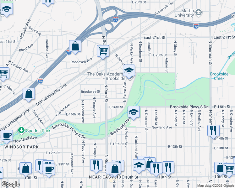 map of restaurants, bars, coffee shops, grocery stores, and more near 1725 North Oxford Street in Indianapolis