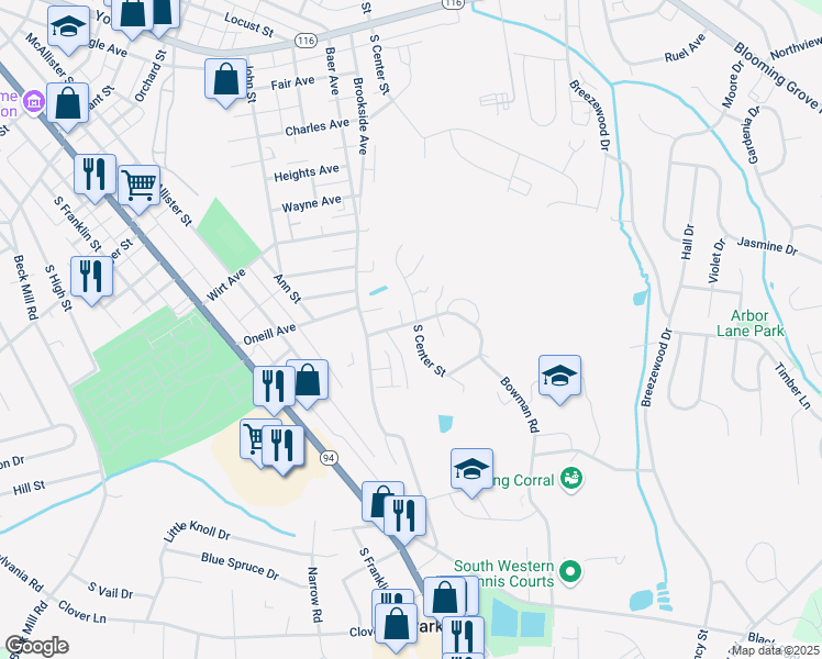 map of restaurants, bars, coffee shops, grocery stores, and more near 401 South Center Street in Hanover