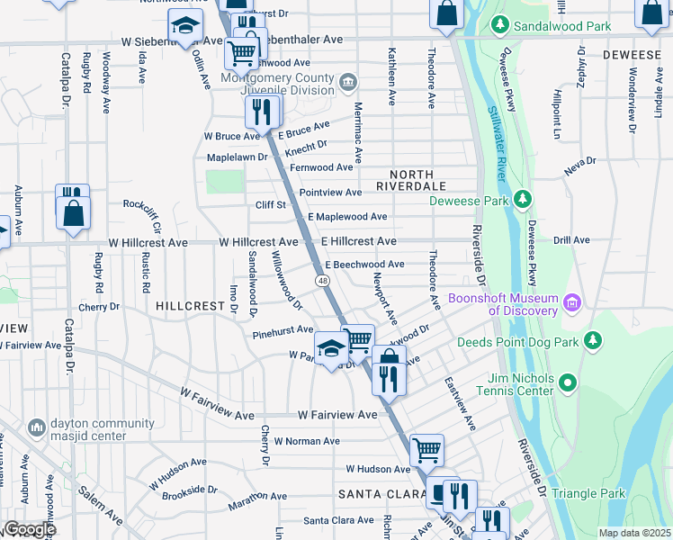 map of restaurants, bars, coffee shops, grocery stores, and more near 25 East Beechwood Avenue in Dayton