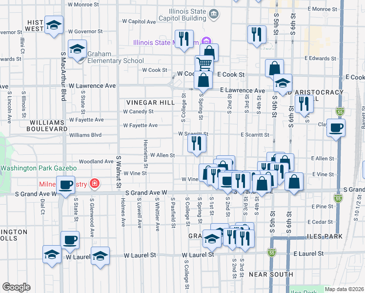 map of restaurants, bars, coffee shops, grocery stores, and more near 1037 South College Street in Springfield