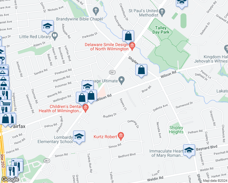 map of restaurants, bars, coffee shops, grocery stores, and more near 503 Wilson Road in Wilmington