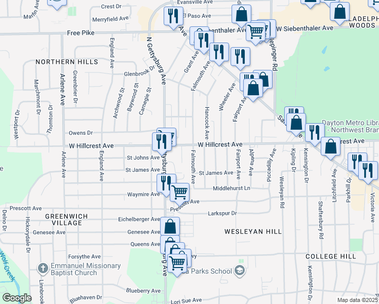 map of restaurants, bars, coffee shops, grocery stores, and more near 2246 Grant Avenue in Dayton