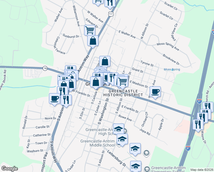 map of restaurants, bars, coffee shops, grocery stores, and more near 34 East Baltimore Street in Greencastle