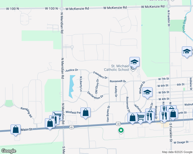 map of restaurants, bars, coffee shops, grocery stores, and more near 490 Old Glory Drive in Greenfield