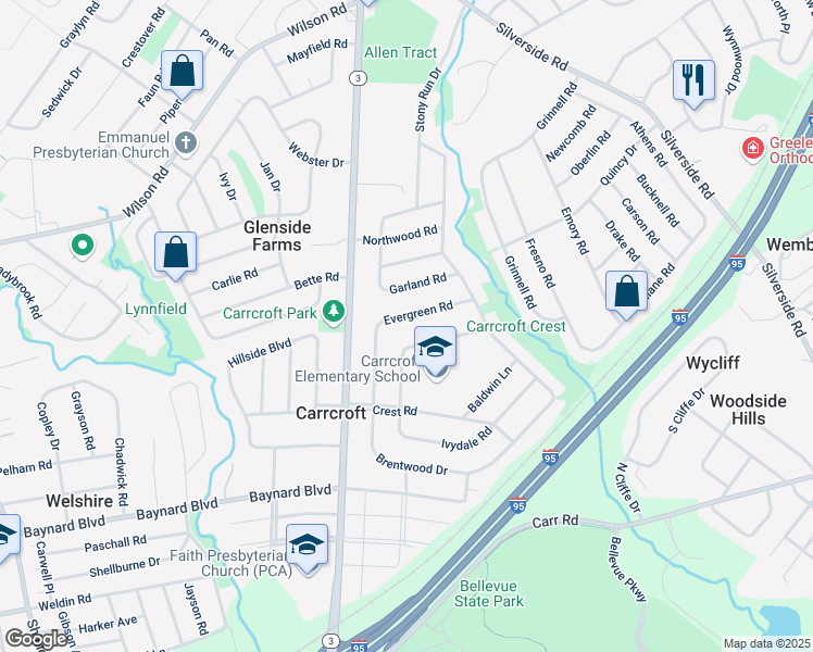 map of restaurants, bars, coffee shops, grocery stores, and more near 1219 Evergreen Road in Wilmington