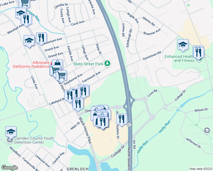 map of restaurants, bars, coffee shops, grocery stores, and more near 314 Davistown Road in Gloucester Township