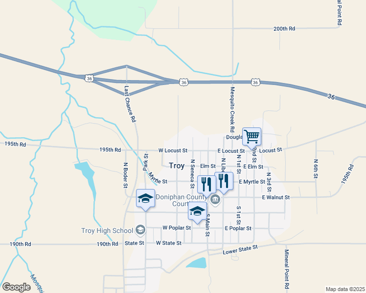 map of restaurants, bars, coffee shops, grocery stores, and more near 401-507 North Centre Street in Troy