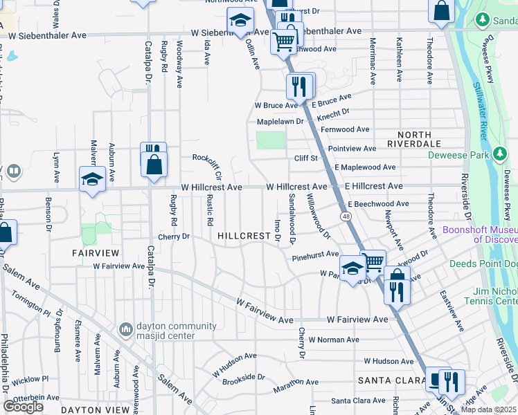 map of restaurants, bars, coffee shops, grocery stores, and more near 257 Valleyview Drive in Dayton