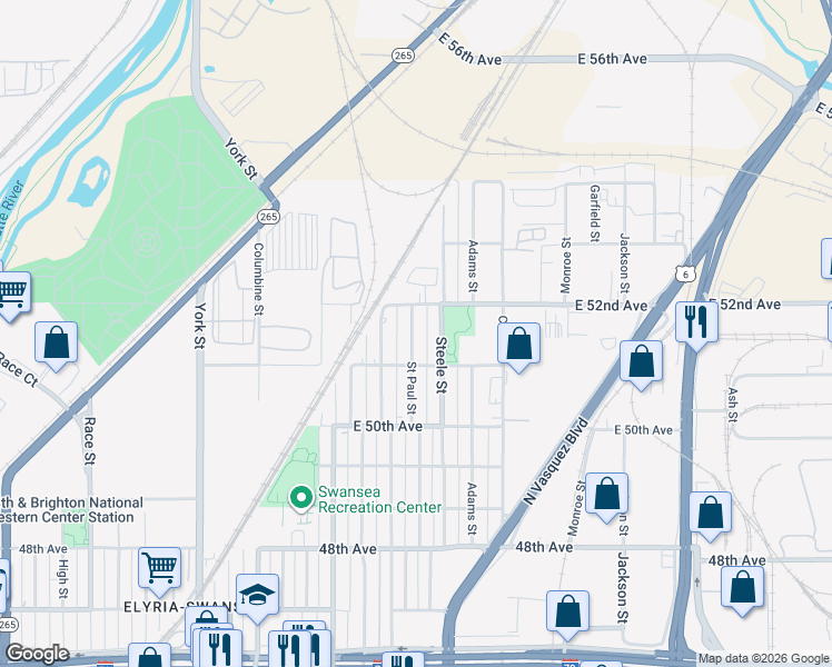 map of restaurants, bars, coffee shops, grocery stores, and more near 5168 Saint Paul Street in Denver