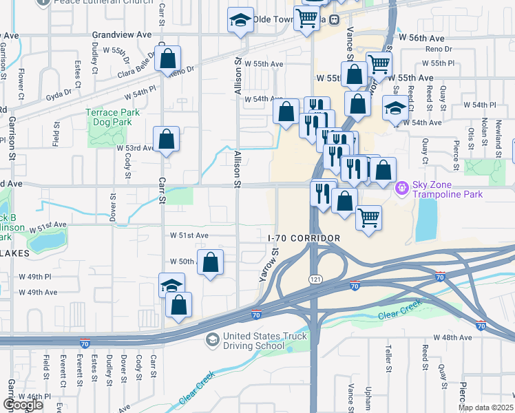 map of restaurants, bars, coffee shops, grocery stores, and more near 5150 Allison Street in Arvada