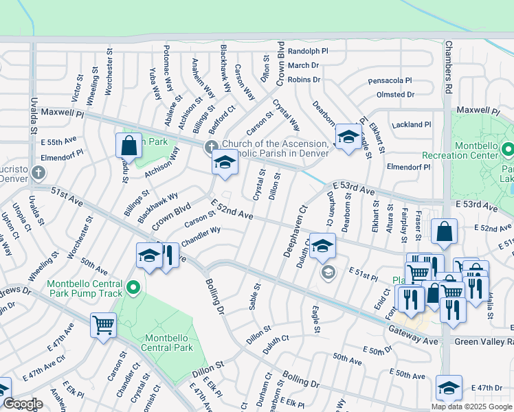 map of restaurants, bars, coffee shops, grocery stores, and more near 5220 Crystal Street in Denver