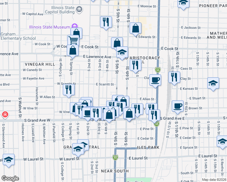 map of restaurants, bars, coffee shops, grocery stores, and more near 1000-1026 South 4th Street in Springfield