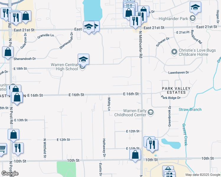 map of restaurants, bars, coffee shops, grocery stores, and more near 9711 East 17th Street in Indianapolis