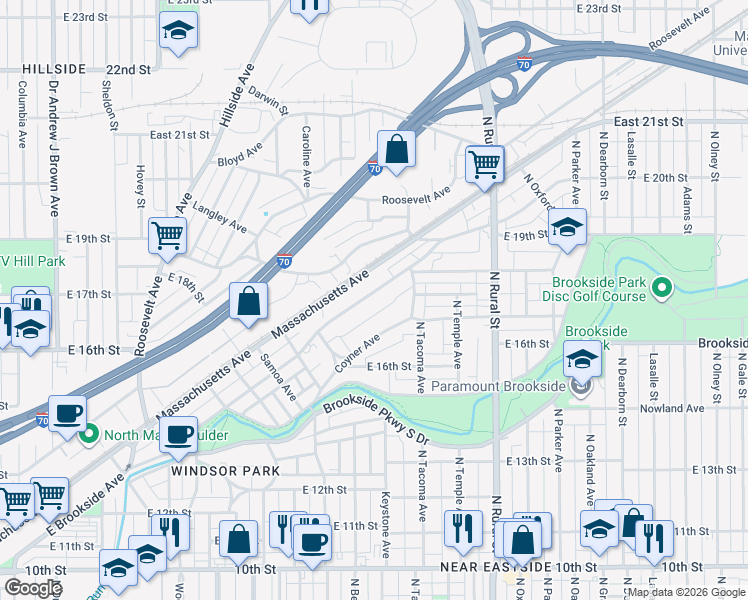 map of restaurants, bars, coffee shops, grocery stores, and more near 2325 East Brookside Avenue in Indianapolis