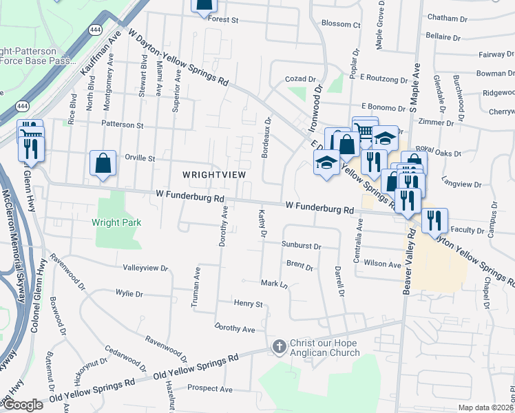 map of restaurants, bars, coffee shops, grocery stores, and more near 119 West Funderburg Road in Fairborn