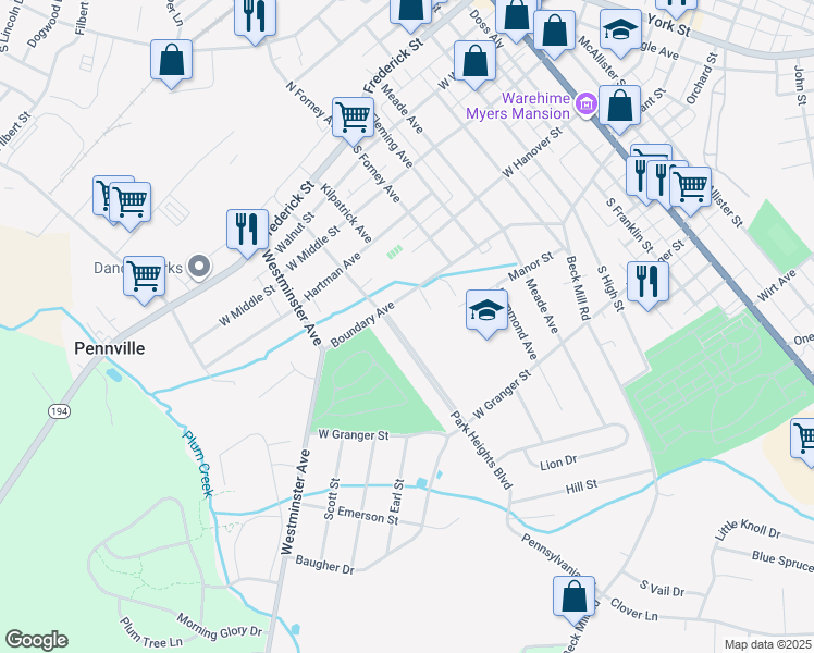 map of restaurants, bars, coffee shops, grocery stores, and more near 104 Park Heights Blvd in Hanover