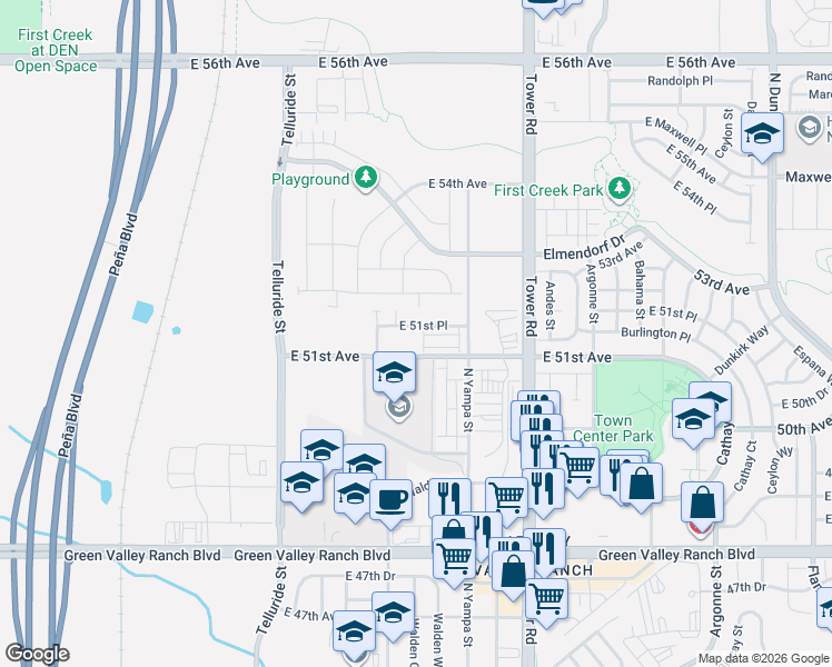 map of restaurants, bars, coffee shops, grocery stores, and more near 18207 East 51st Avenue in Denver