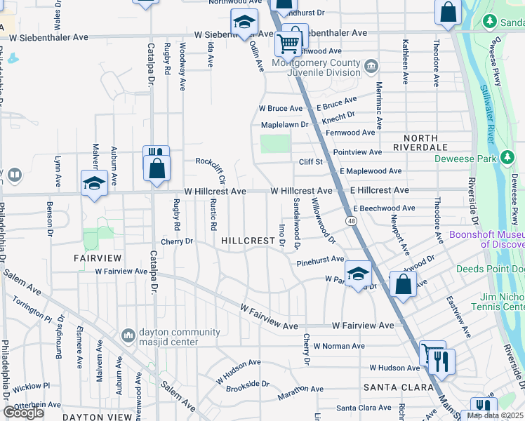 map of restaurants, bars, coffee shops, grocery stores, and more near 275 Valleyview Drive in Dayton