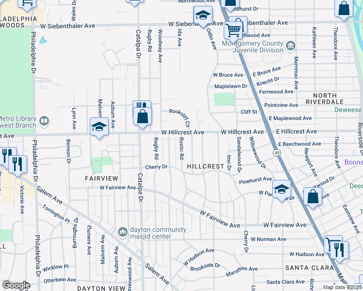 map of restaurants, bars, coffee shops, grocery stores, and more near 2368 Rustic Road in Dayton