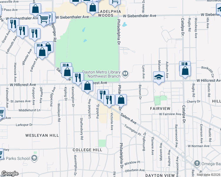map of restaurants, bars, coffee shops, grocery stores, and more near 2256 Benton Avenue in Dayton