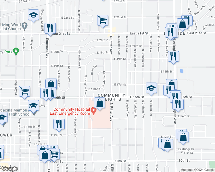 map of restaurants, bars, coffee shops, grocery stores, and more near 1725 North Whittier Place in Indianapolis