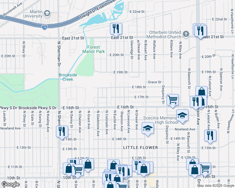 map of restaurants, bars, coffee shops, grocery stores, and more near 1718 North Linwood Avenue in Indianapolis