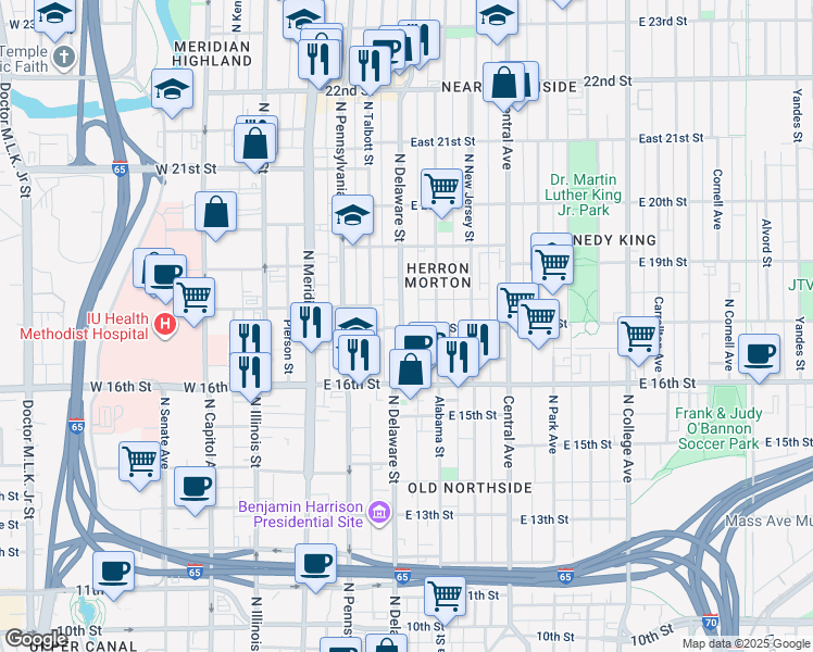 map of restaurants, bars, coffee shops, grocery stores, and more near 1710 North Delaware Street in Indianapolis