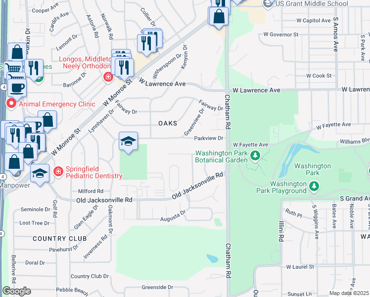 map of restaurants, bars, coffee shops, grocery stores, and more near 14-2098 Parkview Drive in Springfield