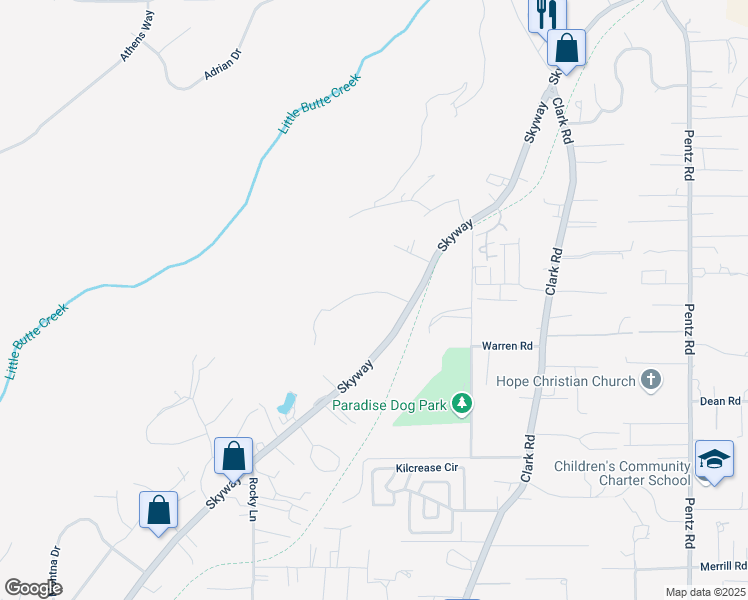 map of restaurants, bars, coffee shops, grocery stores, and more near 1424 Coldren Road in Paradise