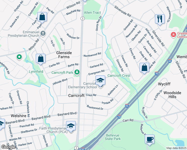 map of restaurants, bars, coffee shops, grocery stores, and more near 1219 Evergreen Road in Wilmington
