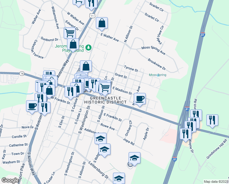 map of restaurants, bars, coffee shops, grocery stores, and more near 229 East Madison Street in Greencastle