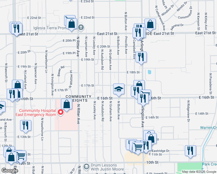 map of restaurants, bars, coffee shops, grocery stores, and more near 1701 North Audubon Road in Indianapolis