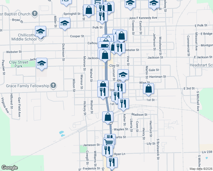 map of restaurants, bars, coffee shops, grocery stores, and more near 315 Washington Street in Chillicothe