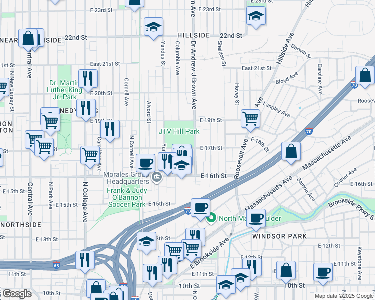 map of restaurants, bars, coffee shops, grocery stores, and more near 1317 East 17th Street in Indianapolis