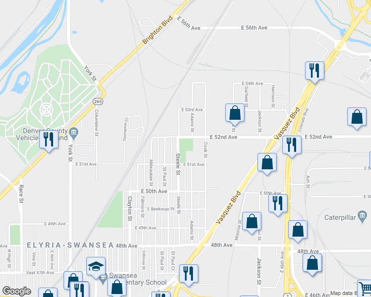 map of restaurants, bars, coffee shops, grocery stores, and more near 3200 East 52nd Avenue in Denver