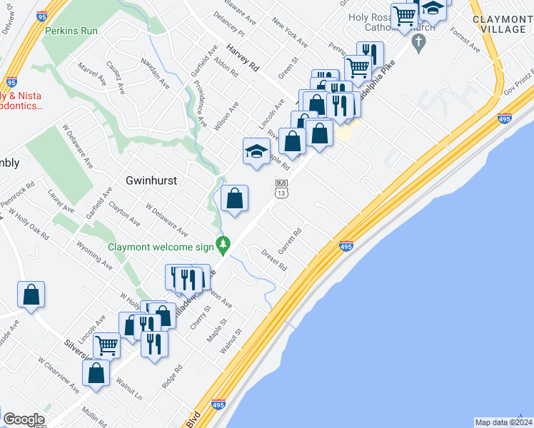 map of restaurants, bars, coffee shops, grocery stores, and more near 2110 Philadelphia Pike in Claymont