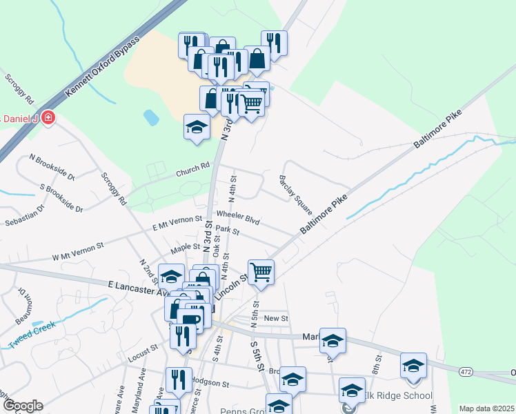map of restaurants, bars, coffee shops, grocery stores, and more near 447 Wheeler Boulevard in Oxford
