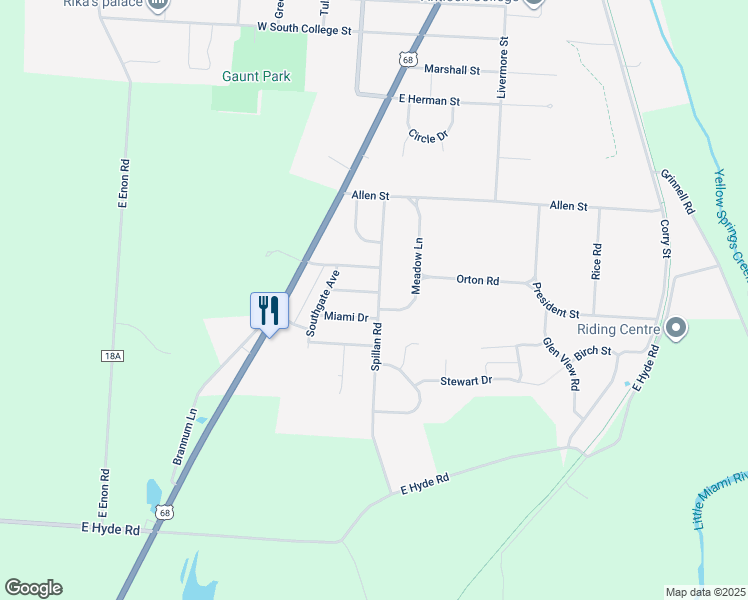 map of restaurants, bars, coffee shops, grocery stores, and more near 1455 Spillan Road in Yellow Springs