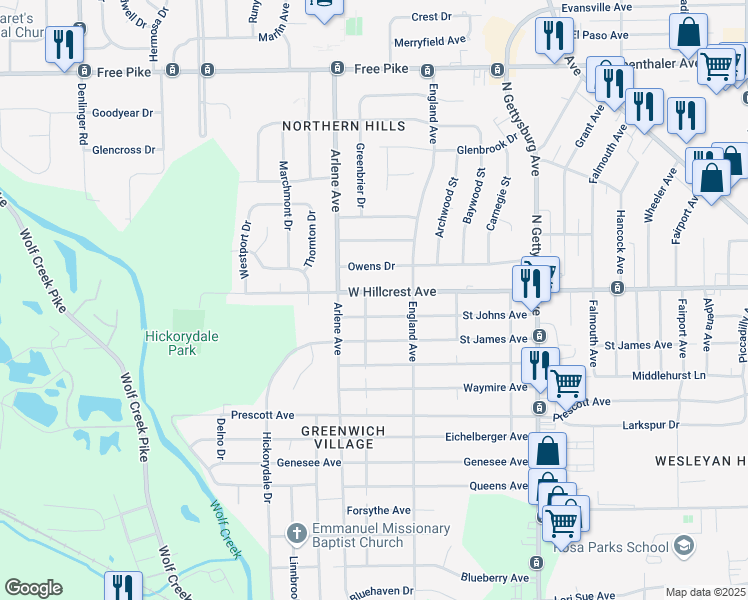 map of restaurants, bars, coffee shops, grocery stores, and more near 4642 West Hillcrest Avenue in Dayton