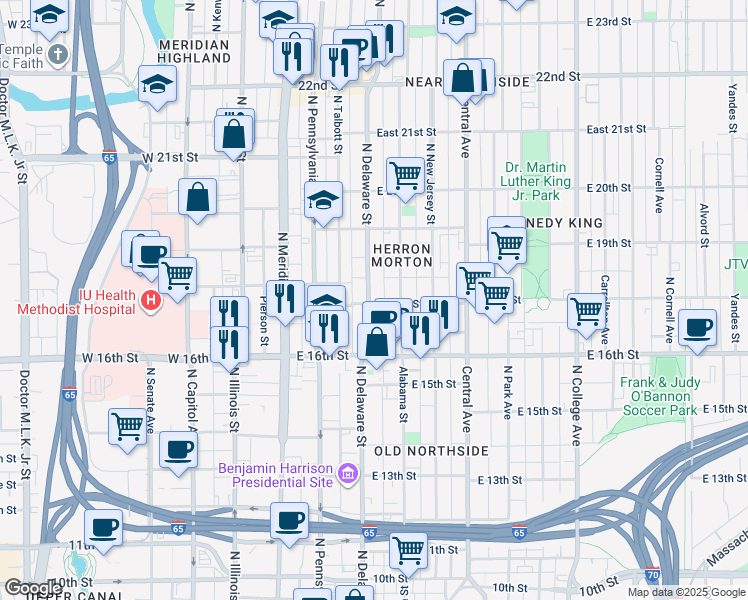map of restaurants, bars, coffee shops, grocery stores, and more near 1710 North Delaware Street in Indianapolis