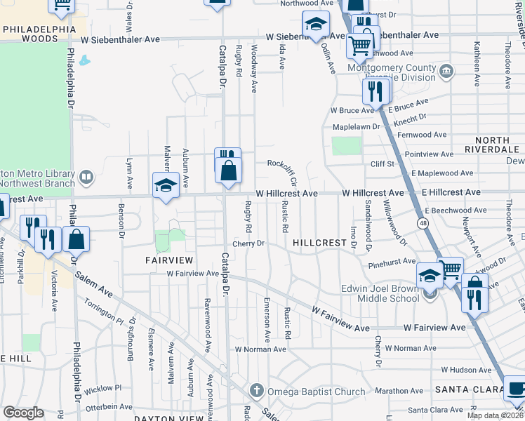map of restaurants, bars, coffee shops, grocery stores, and more near 2365 Emerson Avenue in Dayton